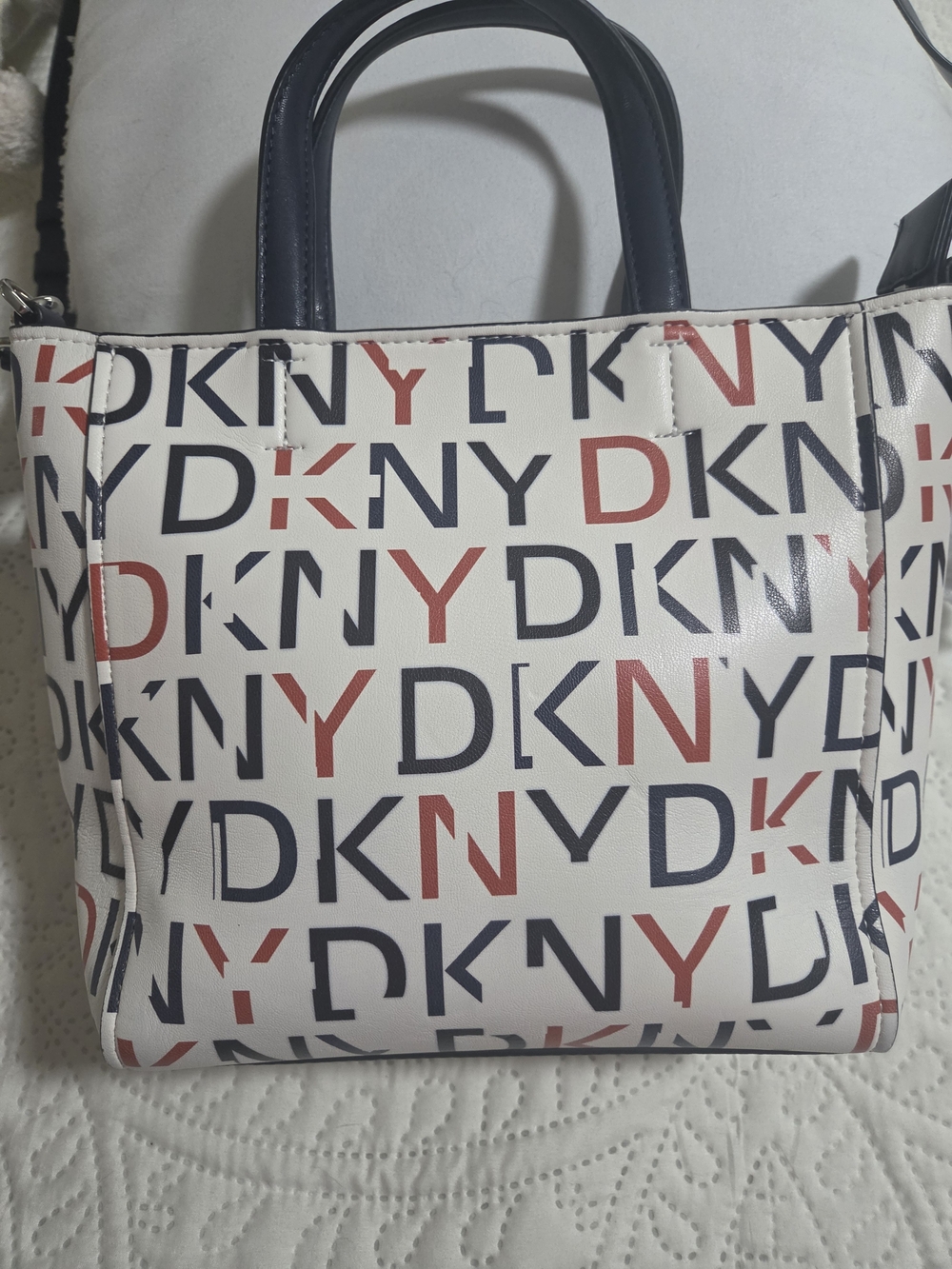 DKNY White Logo Print Satchel with Navy & Red Accents